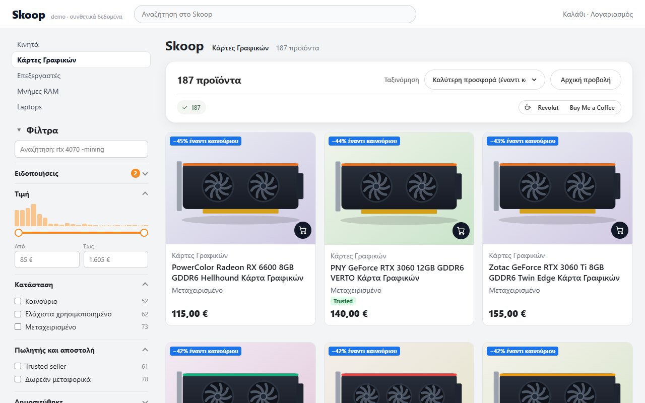 Η ενιαία λίστα αγγελιών με τη sidebar φίλτρων του Skoop Filters πάνω σε σελίδα Skoop